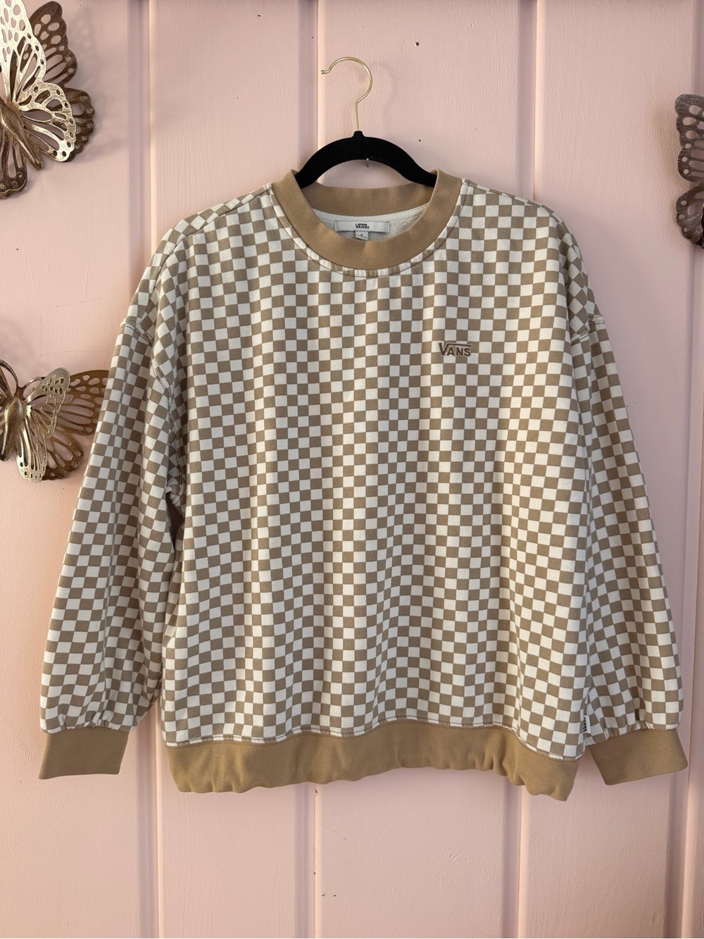 Vans Men’s Checkered Crewneck Sweatshirt in Beige/White SzS